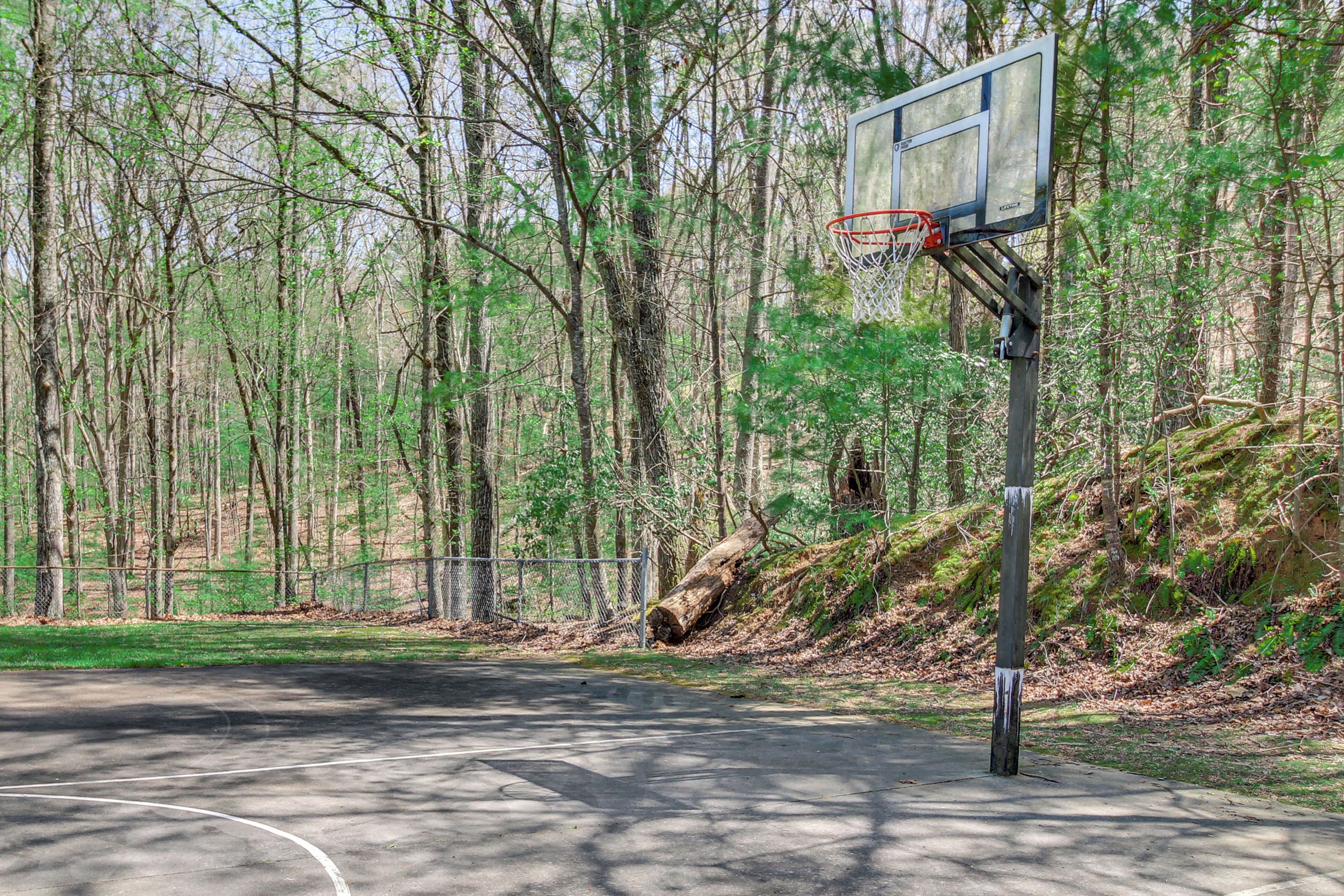 An outdoor basketball court surrounded by trees.