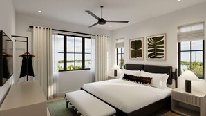 Een moderne slaapkamer met een groot bed, nachtkastjes, een plafondventilator en uitzicht op een meer.