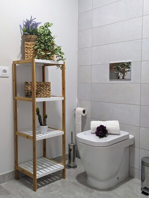 Dusche, Haartrockner, Handtücher, Toilettenpapier
