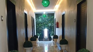 A marble hallway with potted plants, a green spherical light fixture, and a mirrored wall at the end. - Mannat Residency (Bulandshahr)