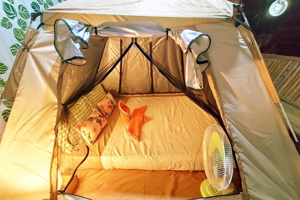 A tent with a bed, pillows, and a fan.