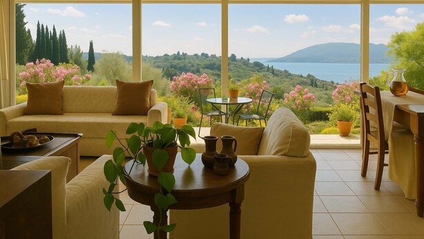 A sunlit room with a sofa, a table, and chairs, overlooking a scenic landscape with hills and a lake. - Oka Aqua Paradise - Panoramic Seaview with Pool (Drepano)