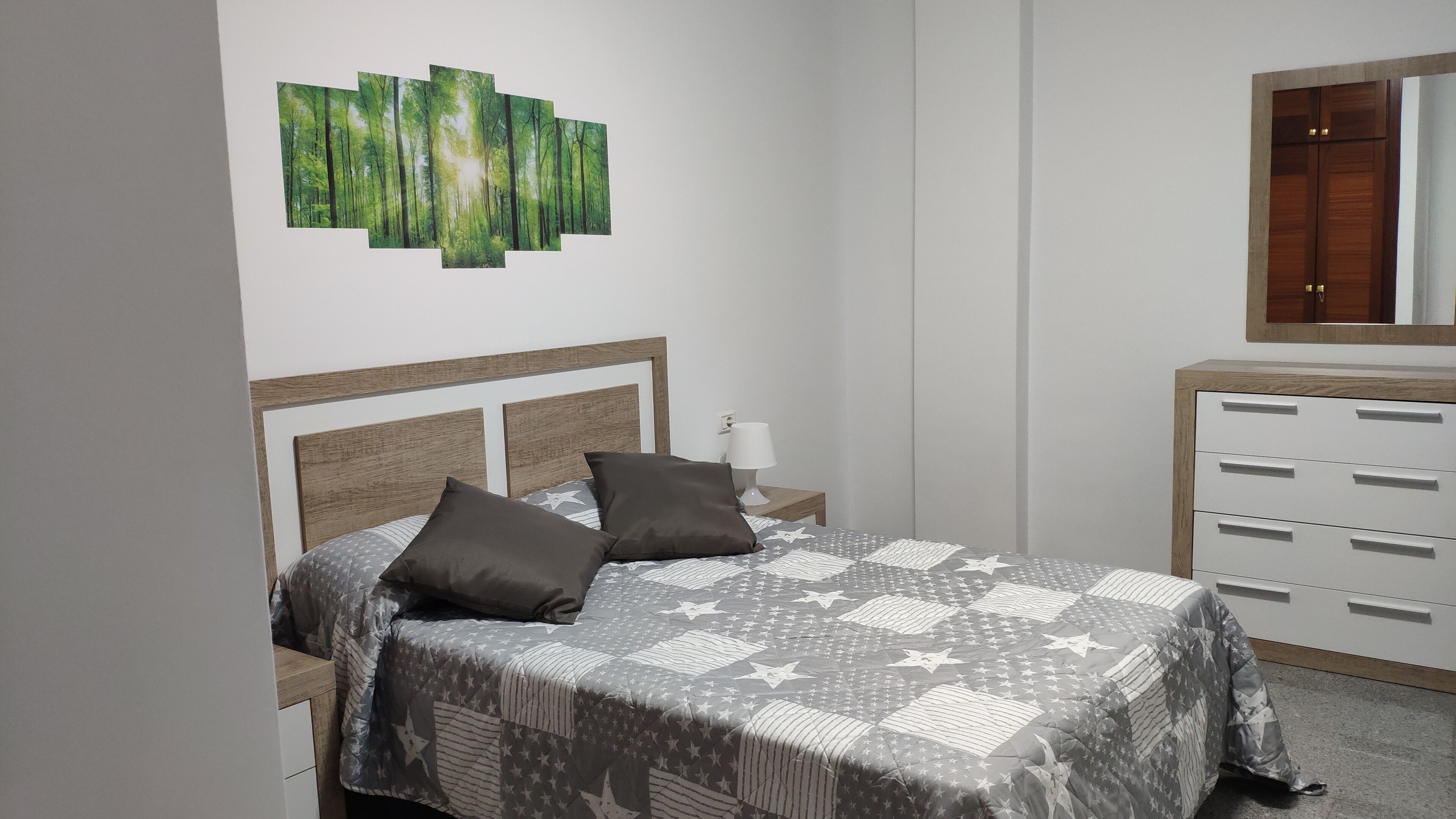 Une chambre à coucher comprenant un lit, une table de chevet, une commode, un miroir et une œuvre d’art murale.