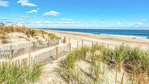 A beach with a wooden fence and dunes.