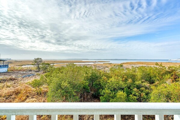 A coastal landscape with a view of the sea, a pier, and a white railing. - Playa Flamingo 104 2 Bedroom Condo (Ocean City)