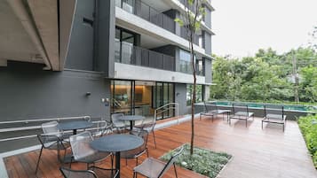 Outdoor pool, pool umbrellas, pool loungers