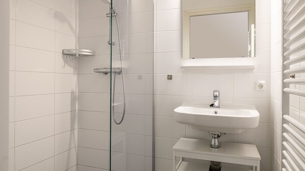 A modern bathroom with a glass-enclosed shower, a white sink, and a mirror above it. - Dormio Waterpark Langelille (Langelille)