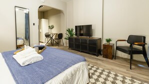 A modern hotel room with a bed, a TV, a desk, and a chair. - Lovely and Comfy Studio in NYC (New York)
