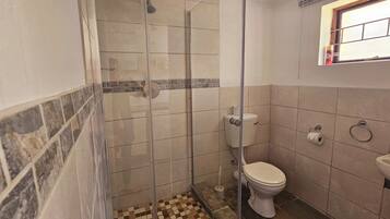 A bathroom with a glass-enclosed shower, a toilet, a sink, and a small window.
