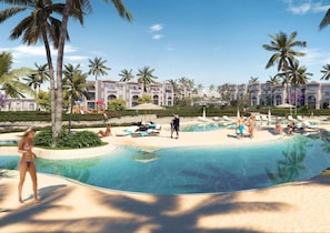 Playa privada, arena blanca, bar en la playa