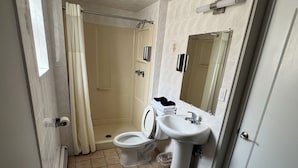 Een badkamer met toilet, wastafel, douche en een spiegel.