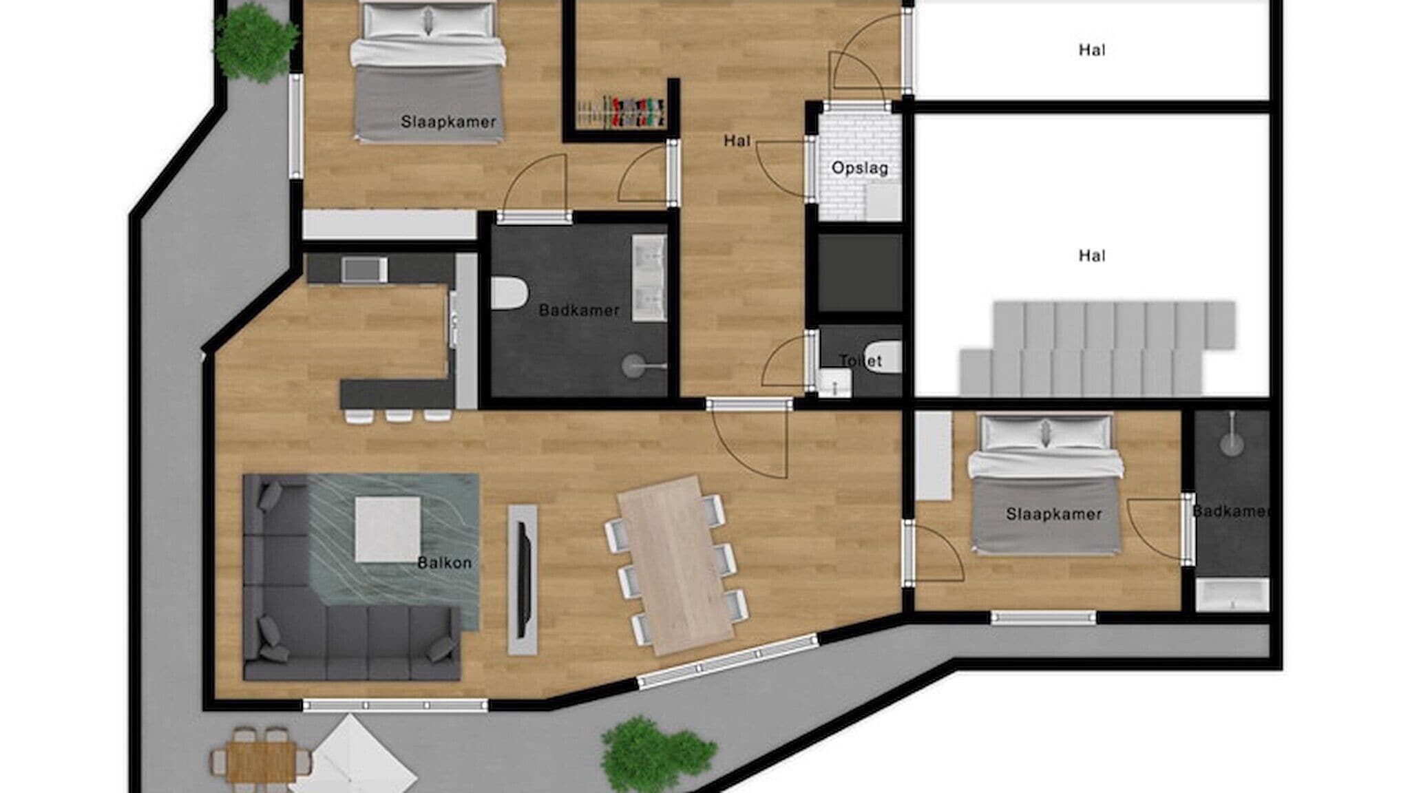 A hotel layout with two bedrooms, a bathroom, a balcony, and a dining area.