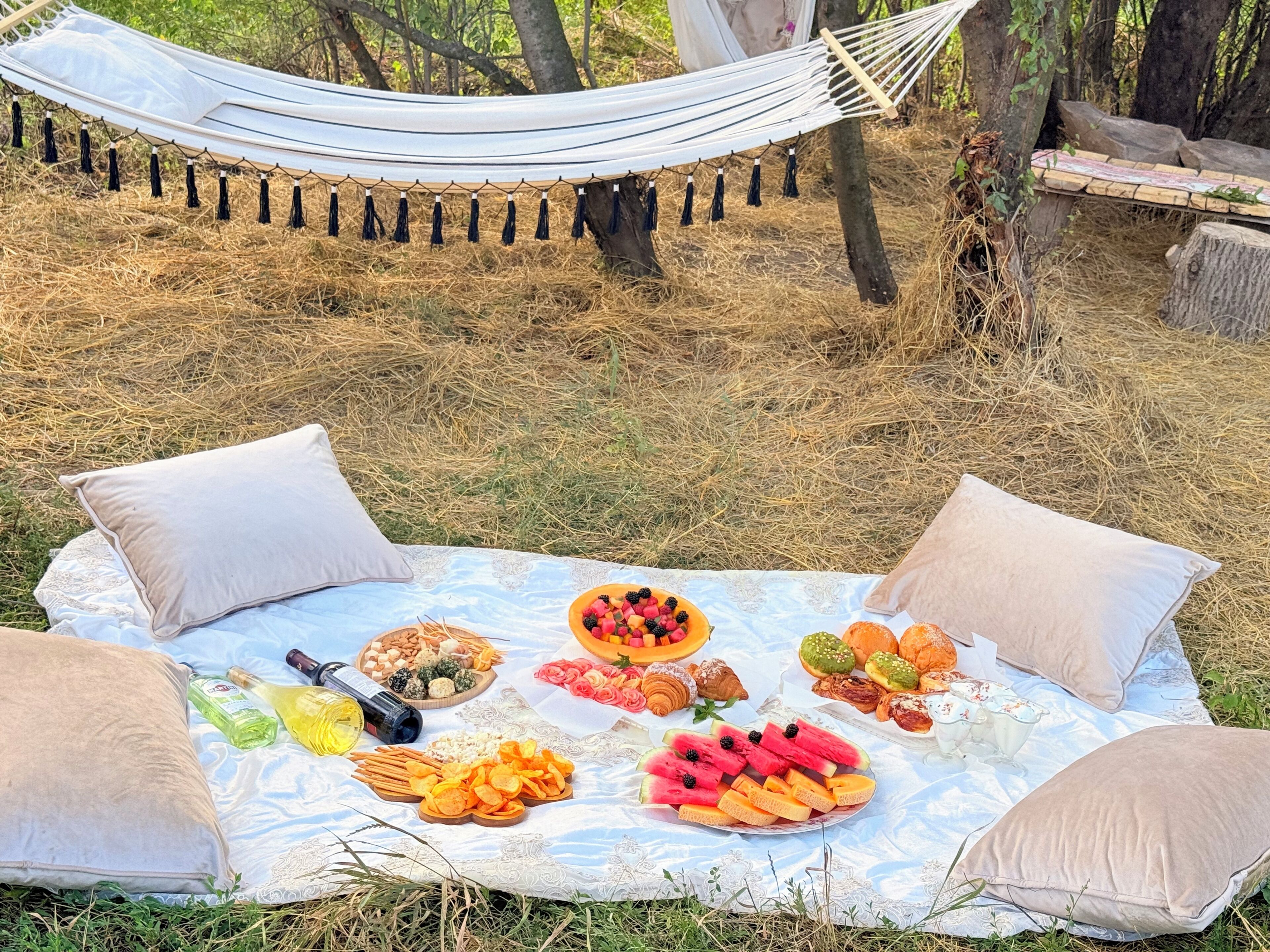 A hammock set up in a natural setting with a picnic blanket, pillows, and a variety of food items.