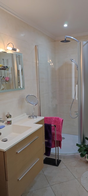 Shower, hair dryer, towels, soap