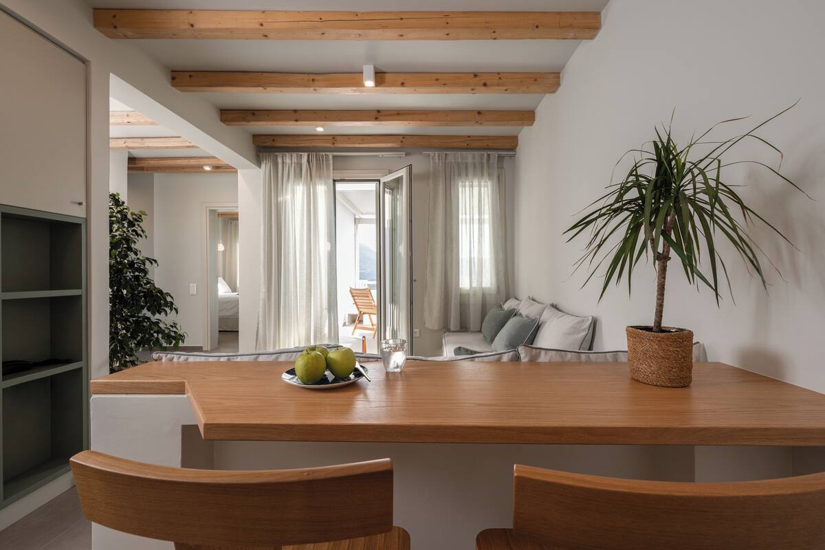 Un coin repas moderne avec une table en bois, deux chaises, une plante en pot et un saladier de pommes.