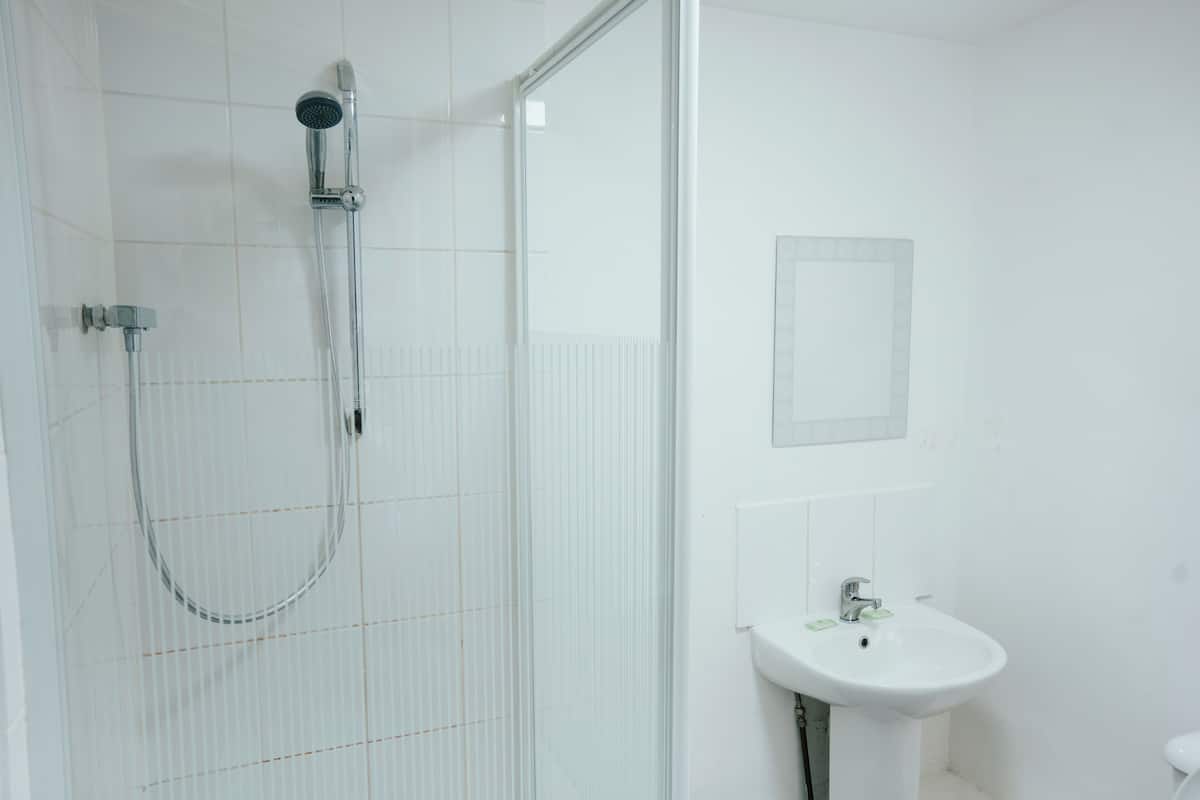 Une salle de bain avec une douche, un lavabo et un miroir.