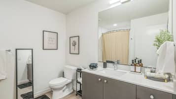 Hair dryer, towels, soap, toilet paper