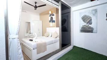 1 bedroom, desk, iron/ironing board, bed sheets