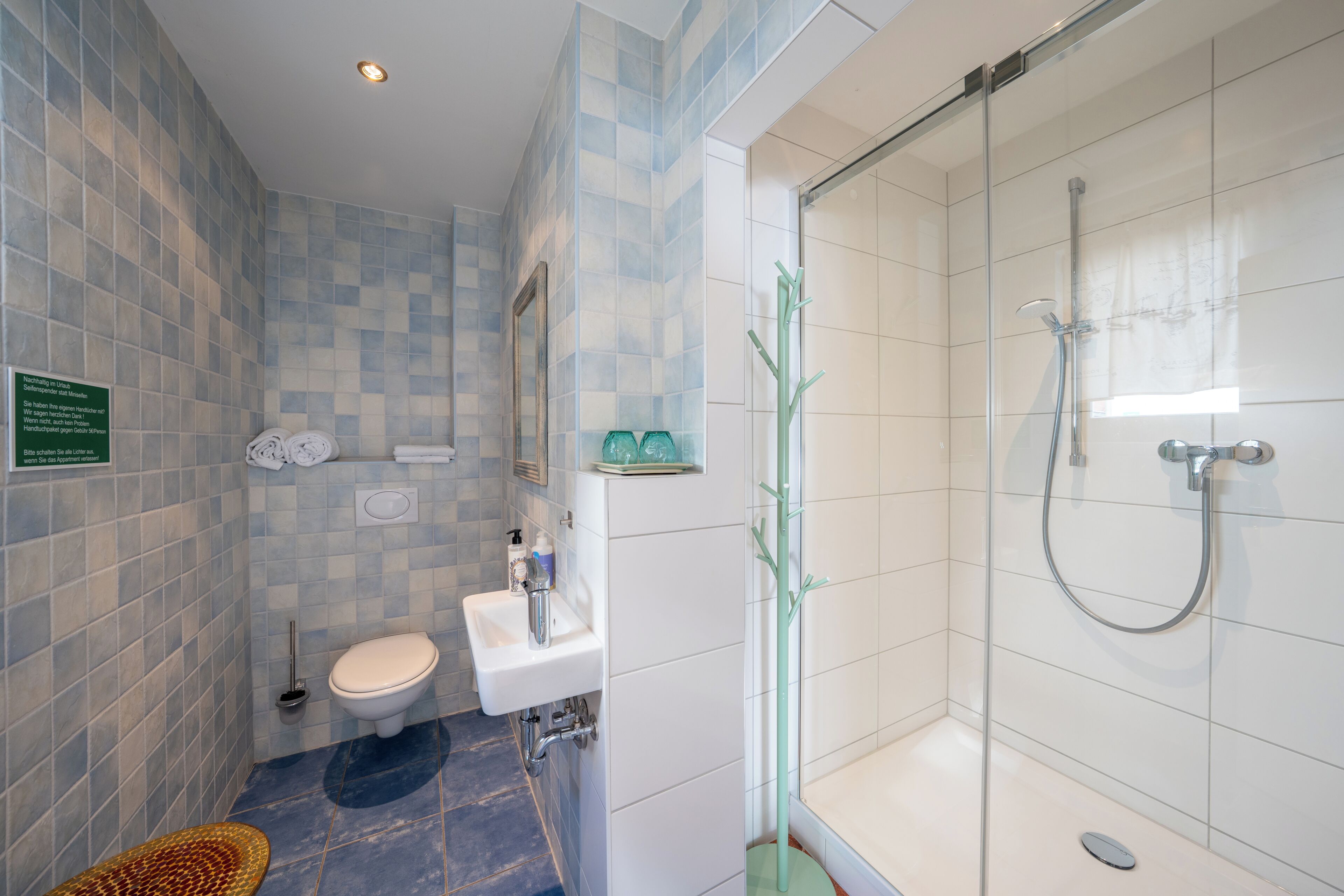 Shower, hair dryer, soap, toilet paper