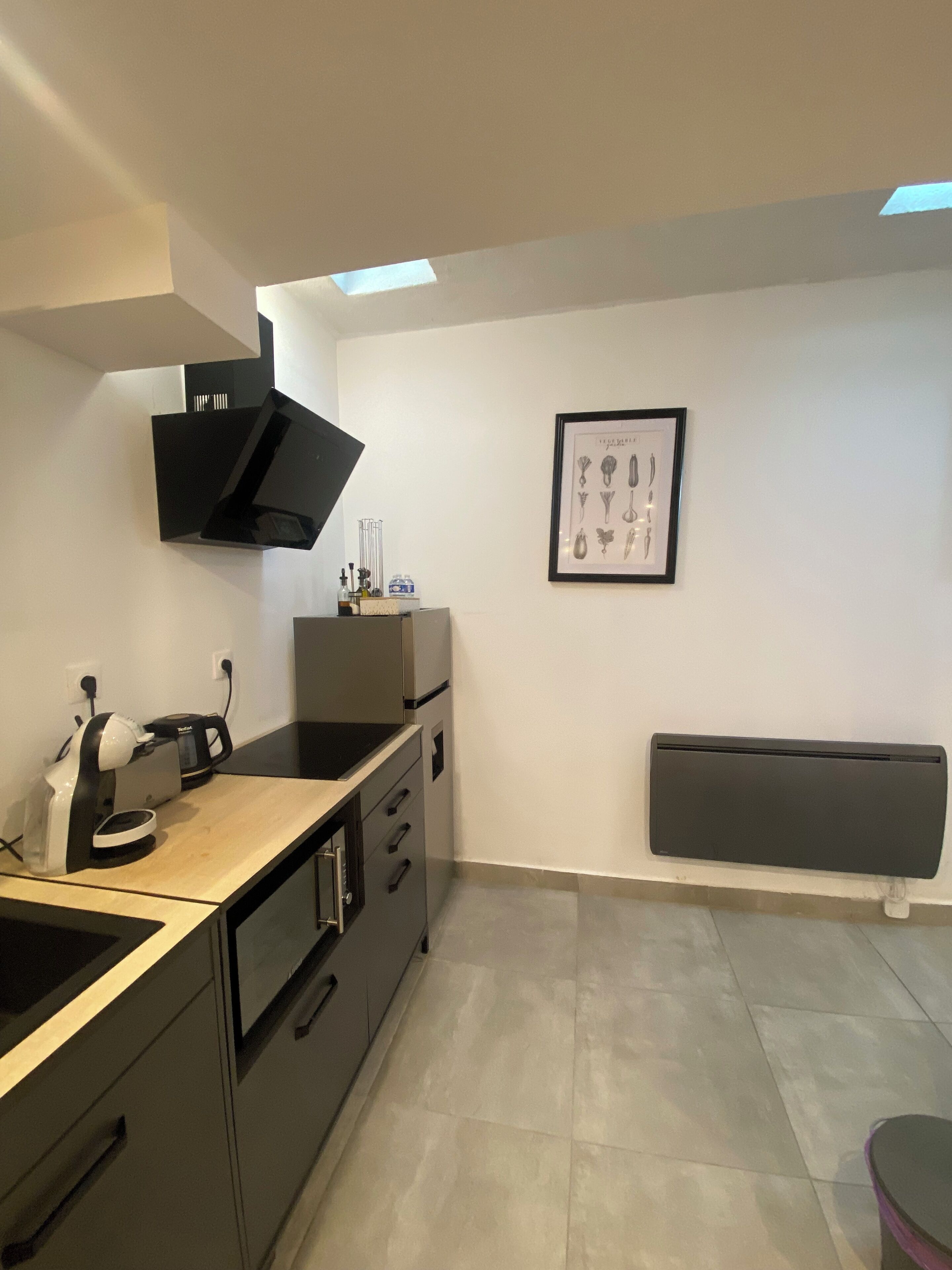 Una cocina moderna con horno empotrado, cafetera e ilustración botánica enmarcada en la pared.