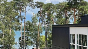 Un edificio moderno con amplios ventanales que dan a un lago y altos árboles.
