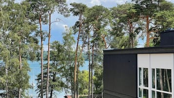 En modern byggnad med stora fönster som vetter mot en sjö och höga träd.