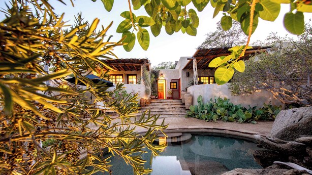A pool surrounded by rocks and plants, with a building in the background.