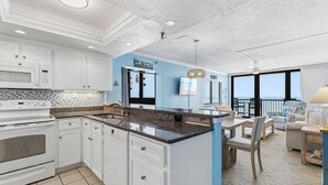 Coffee/tea maker, fridge, microwave, oven