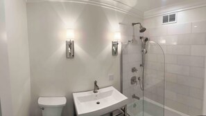 Hair dryer, towels, soap, toilet paper
