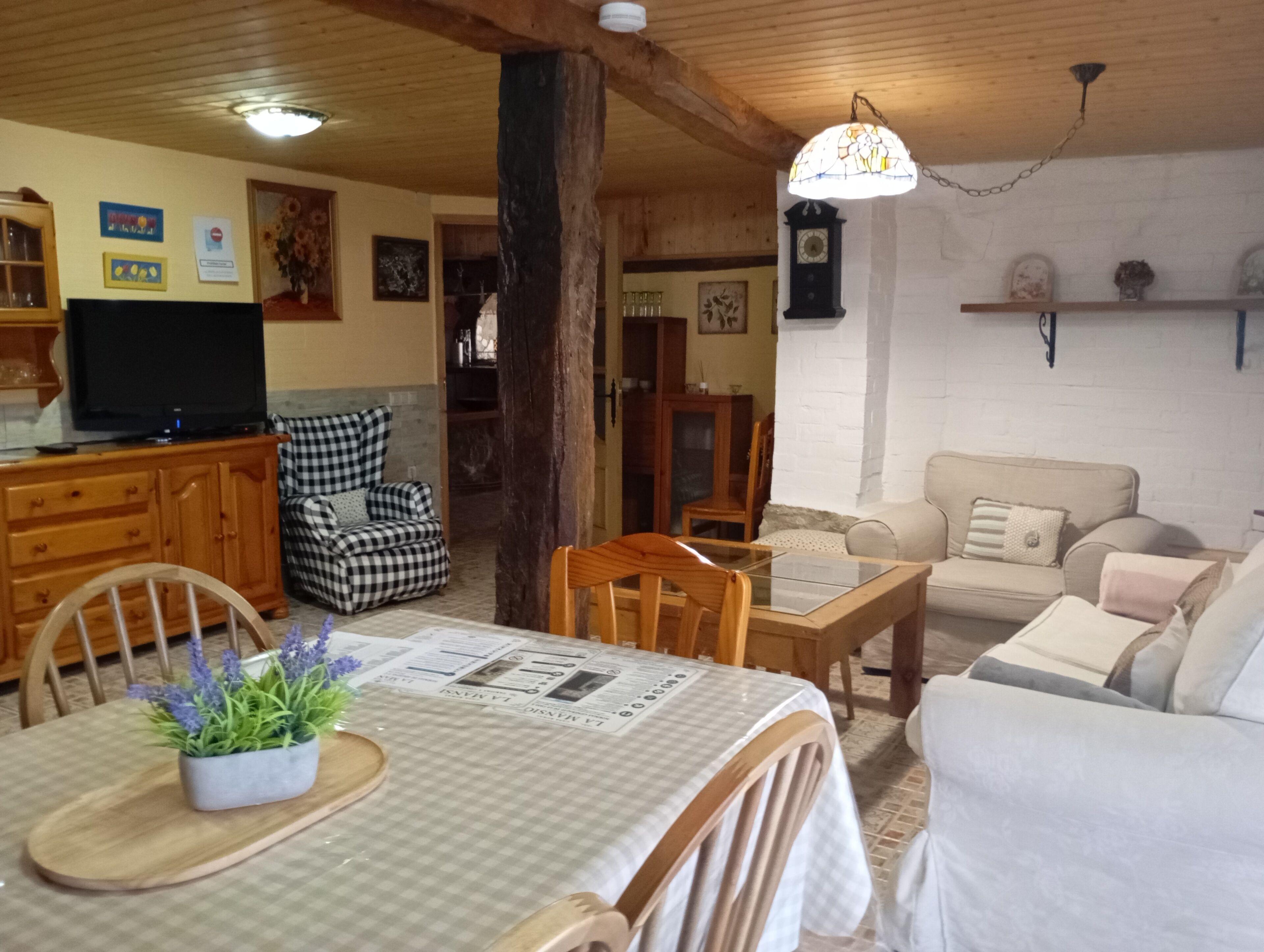Un salon chaleureux avec un plafond en bois, un téléviseur, un fauteuil à carreaux, un canapé et une table à manger avec un set de table.