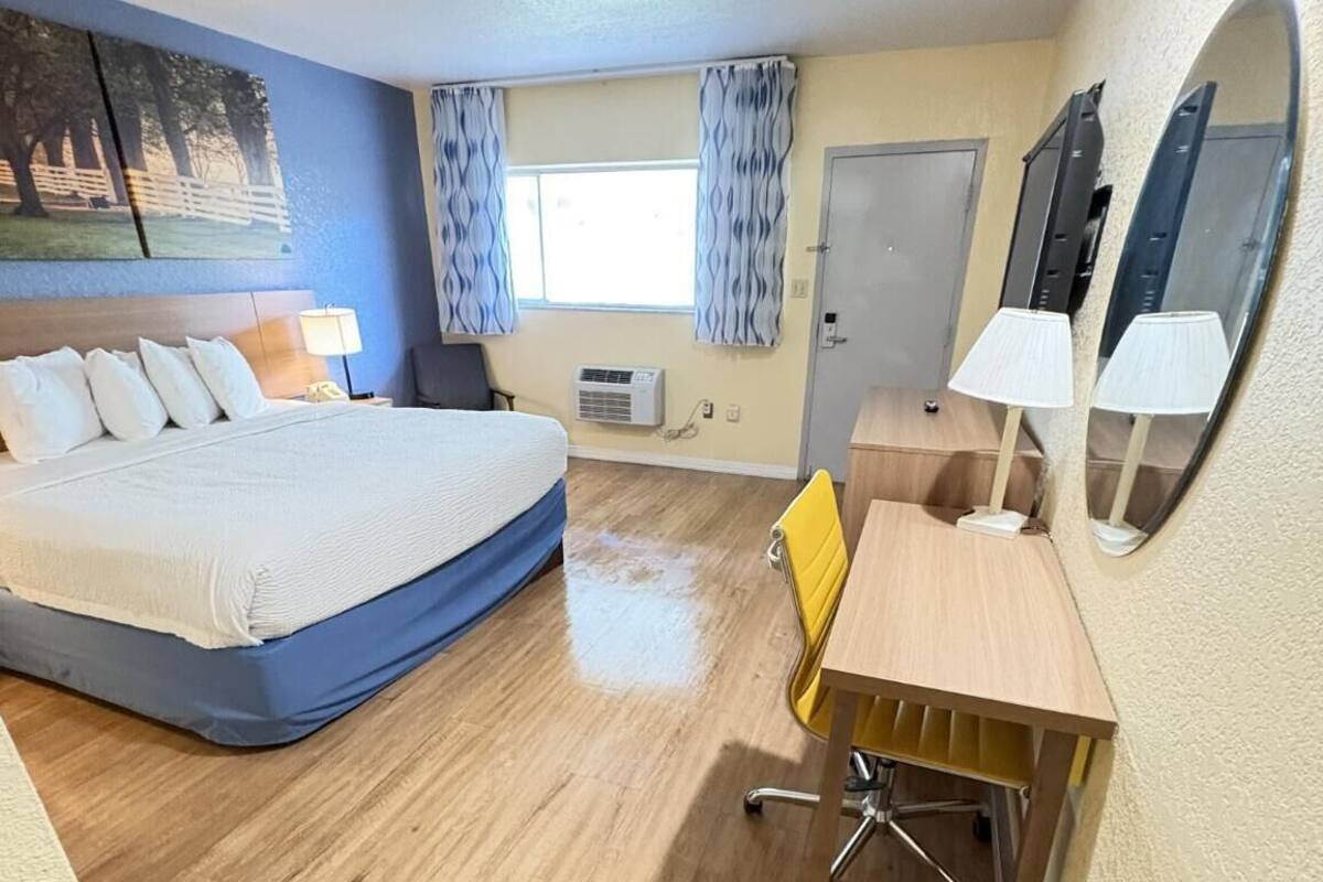 Ein Hotelzimmer mit Bett, Schreibtisch, Stuhl, Lampe, Spiegel und einem fensterbepflanzten Fenster.