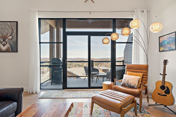 Smart TV, fireplace, books, stereo