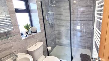 Shower, towels, toilet paper