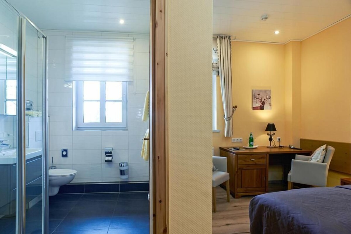A hotel room with a shower, toilet, and a desk with a chair.