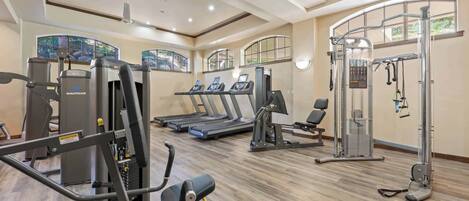 A gym with treadmills, weight machines, and a pull-up bar area.