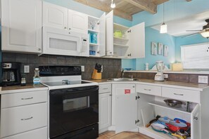 Microwave, blender, cookware/dishes/utensils, paper towels