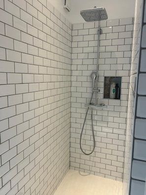 Shower, hair dryer, towels, soap