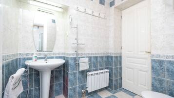 Hair dryer, bidet, towels, soap