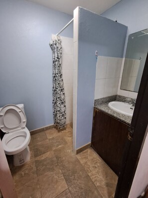 A bathroom with a toilet, a shower curtain, a sink, and a mirror. - Namtip Bar & Guesthouse (Pattaya)