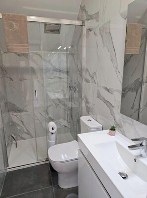 Sèche-cheveux, serviettes fournies, savon, papier toilette