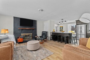 Smart TV, fireplace, table football