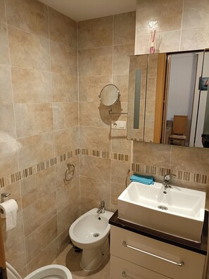 Séchoir à cheveux, bidet, papier de toilette