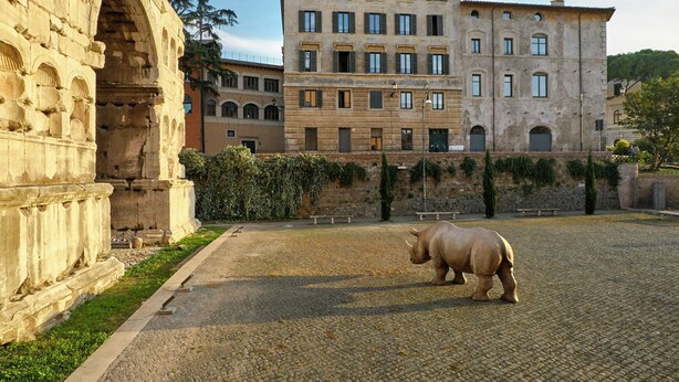 Une cour pavée de pierres, ornée d’une statue de rhinocéros, entourée de bâtiments historiques et surmontée d’une structure en arc.