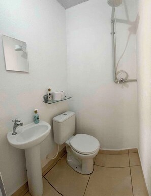 Chuveiro, toalhas de banho, papel higiênico 