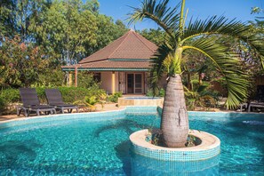 Une piscine à l’eau d’un bleu limpide, entourée de chaises longues et d’un palmier.