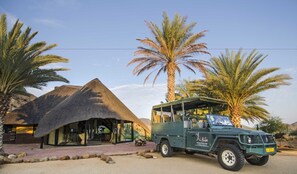 A safari lodge with a thatched-roof building, a green safari vehicle, and palm trees. - Ai Aiba The Rockpainting Lodge (Omaruru)