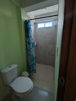 Habitación básica doble de uso individual | Baño | Ducha, toallas, jabón y papel higiénico