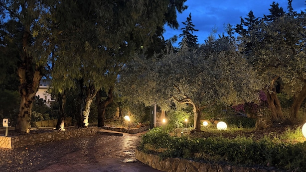 A paved pathway in a park at dusk with trees and illuminated lights. - Villa Rubino Guest house Mondello (Palermo)