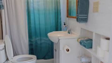 A bathroom with a toilet, sink, and shower curtain.