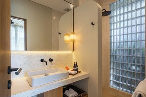Hair dryer, towels, soap, toilet paper